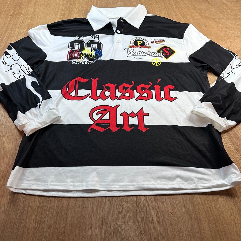 SHEIN Lightweight Rugby Style Polo Shirt XL Black White Graphic Streetwear